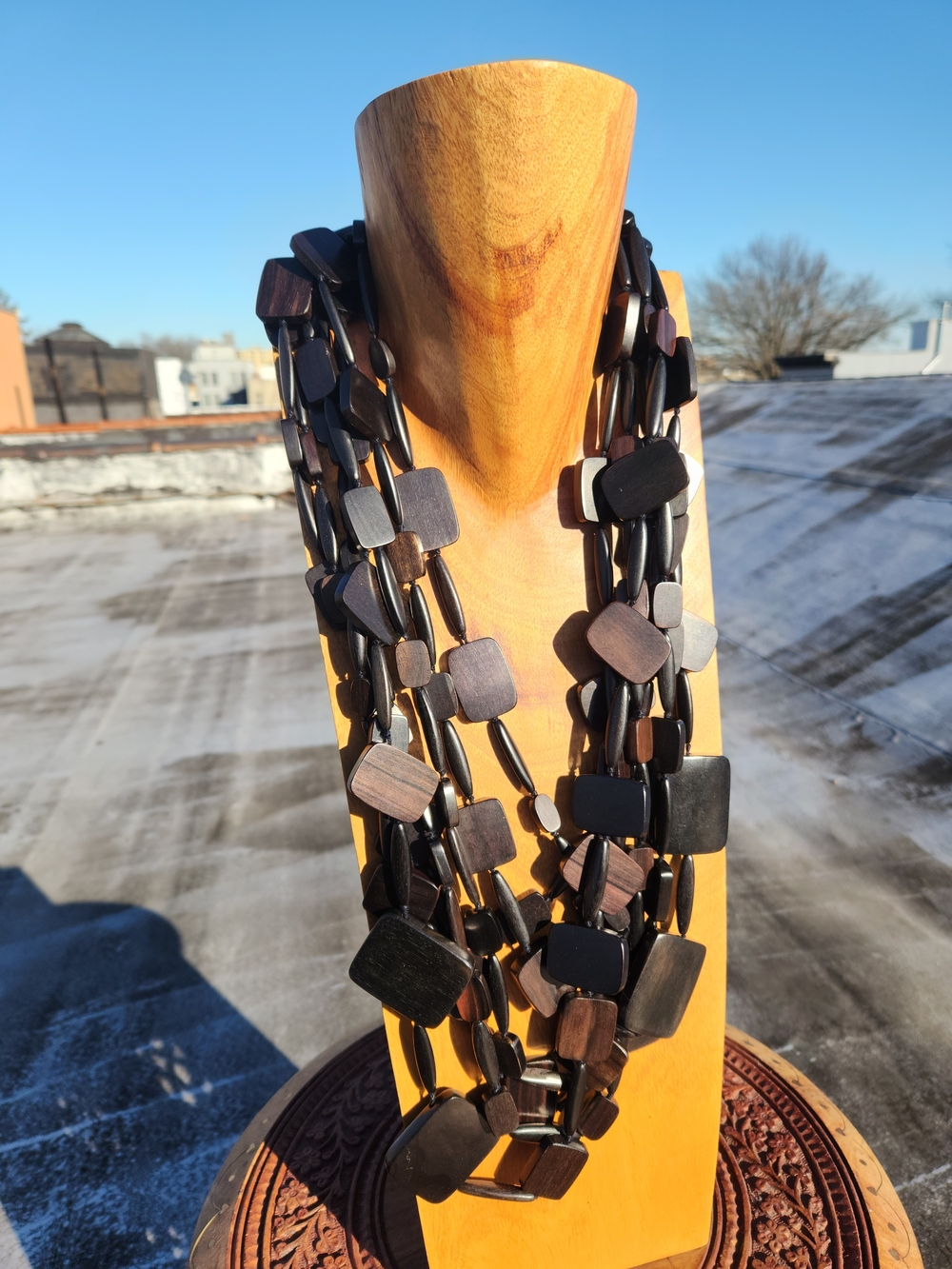 Vintage MONIES Multi-Strand Dark Brown Wood Statement Necklace